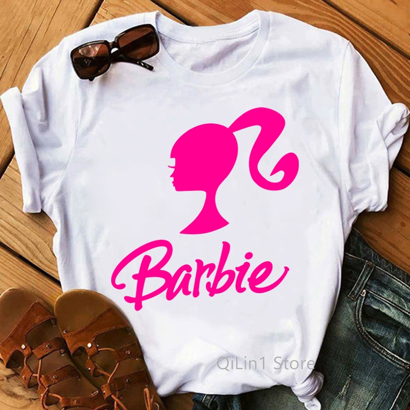 Camiseta Barbie Rosa Moda Ropa De Mujer Top De Verano Blanco Manga Corta  O-Cuello Casual Gráfica Camisetas Hip Hop Streetwear