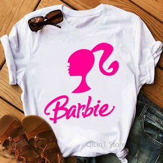  Barbie Camiseta de manga corta para mujer, Muñeca de mujer con  logotipo clásico blanco y rosa en camiseta gráfica negra