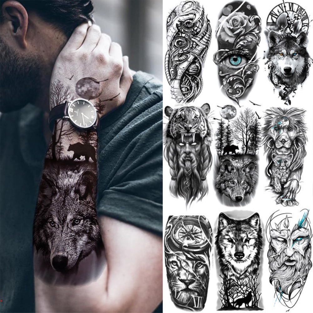 6 hojas de calcomanías de tatuaje temporal de rey león realista tribal para  hombres y niños, tinta negra fresca, dibujo de tigre tatuajes falsos