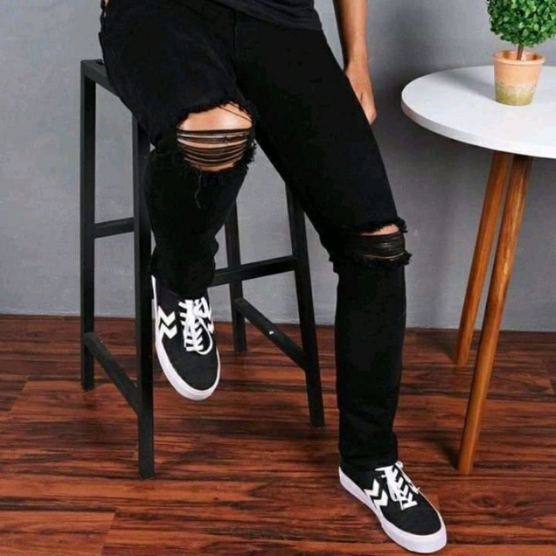 Cod) rasgados de rodilla los hombres, barato elástico negro softjeans jeans | Shopee México