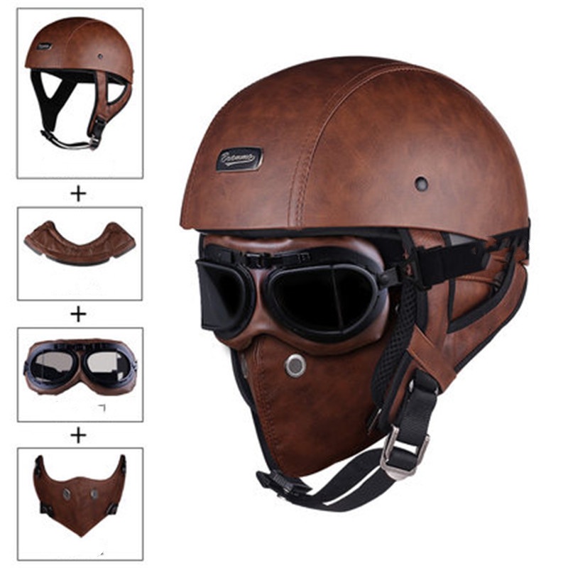 Marrón Cuero Pu Cráneo Gorra Casco De Motocicleta Vintage Media Cara Retro  Estilo Alemán chopper Cruiser