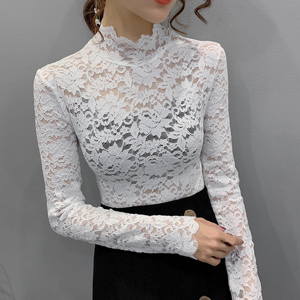 Blusa Blanca De Encaje Manga Larga Cuello Alto Top Blanco Mujer