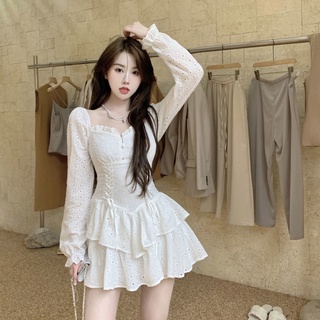 Estilo francés estilo puro cintura adelgazante vestido blanco para las otoño nuevo a juego Sexy chica de manga larga falda corta | Shopee México