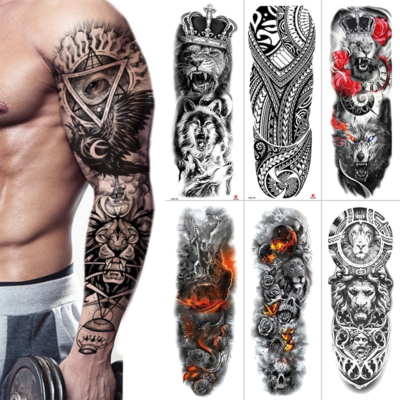 Tatuaje de manga de brazo grande boceto León Tigre impermeable tatuaje  temporal pegatina salvaje feroz Animal hombres pájaro completo tótem tatuaje