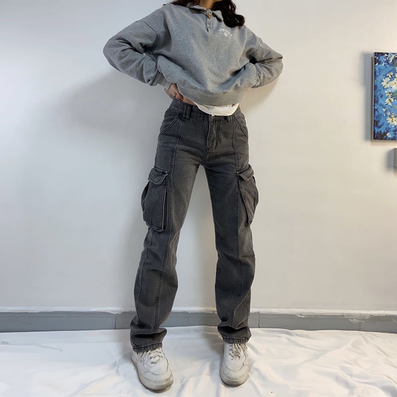 Mujer Pantalones De Carga Recta Cargo Jeans Cintura Alta Retro Streetwear  Multi Bolsillos