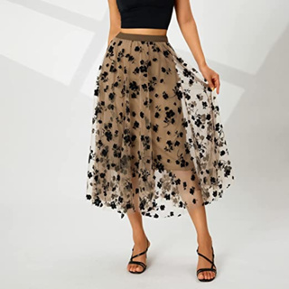 Falda floral de malla para mujer, falda larga de gasa de verano, cintura  alta, estampado de faldas de moda