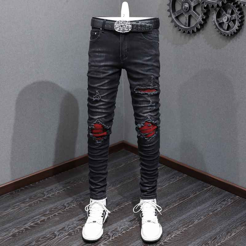 Amiri Calle De La Moda De Los Hombres Jeans Retro Negro Gris Elastico Slim Rasgado Agujero Pantalones Parche Marca De Diseno Hip Hop