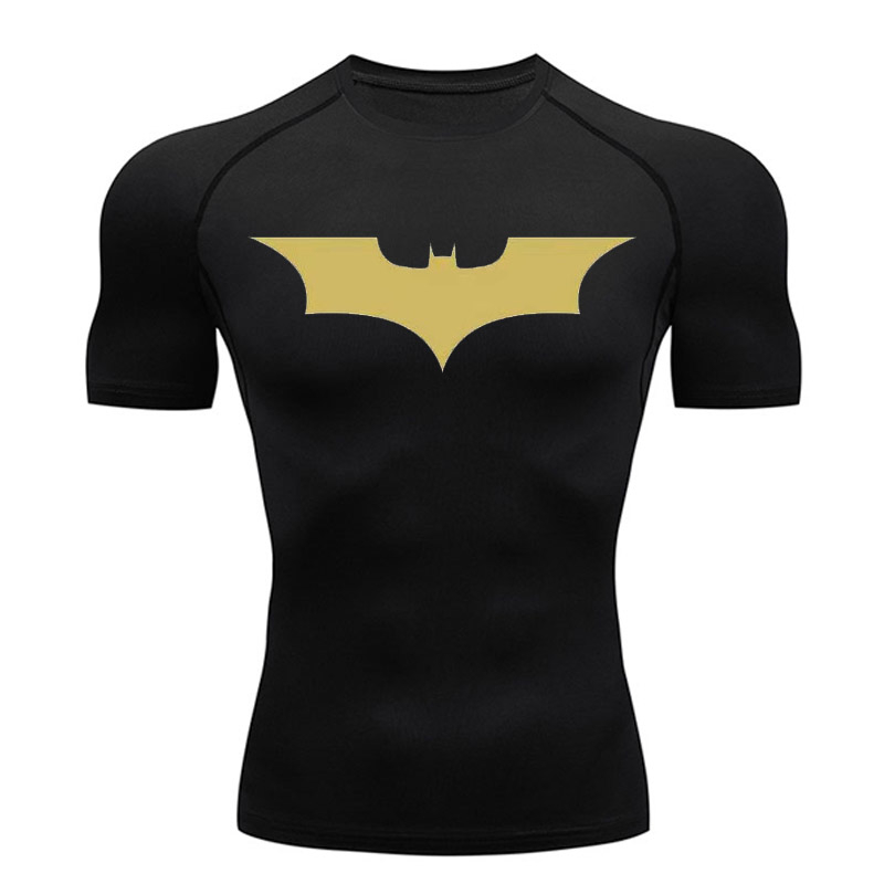 Camisa De Compresión Hombres Manga Corta Gold Batman Camiseta Negra Running Top Deportes De 