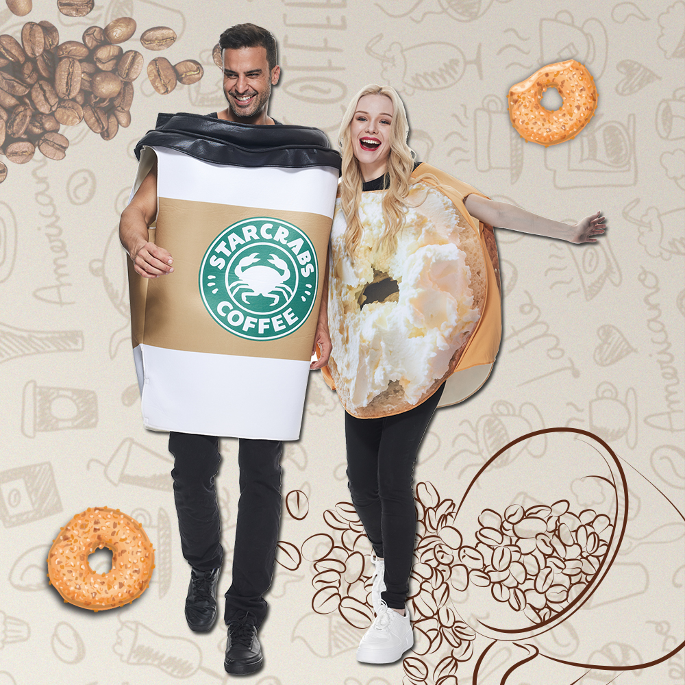 Delicioso bagel + café para adultos para parejas Disfraces de juegos de  fiestas de Halloween Ropa de juego de roles para desayunos femeninos  Hombres y mujeres realizan trajes en el escenario |