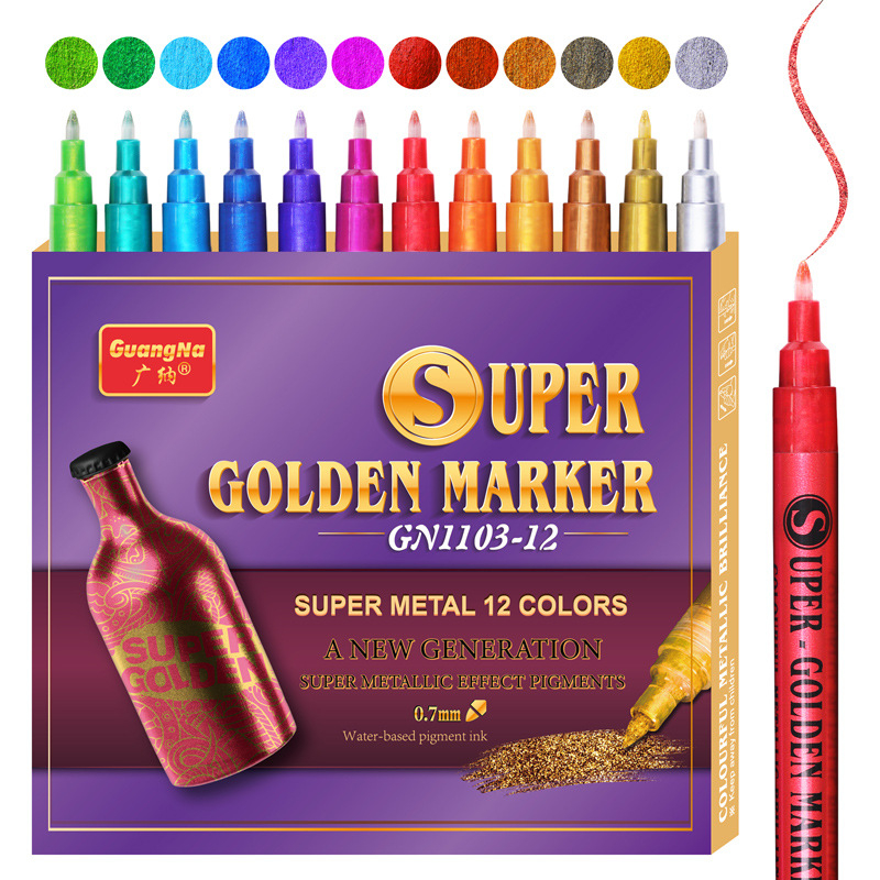 12 Colores Marcadores Super Metálicos 0.7MM Brillo Dorado