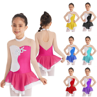 Vestido de patinaje artístico para niñas, traje de baile de Ballet, sin  mangas, escote redondo, diamantes