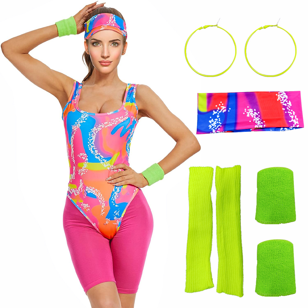  Disfraz de entrenamiento de los años 80 y 90 para mujer,  conjunto de accesorios de los años 80 y 90, leotardo, leggings de neón,  diadema y muñequeras, Multicolor - : Ropa, Zapatos y Joyería