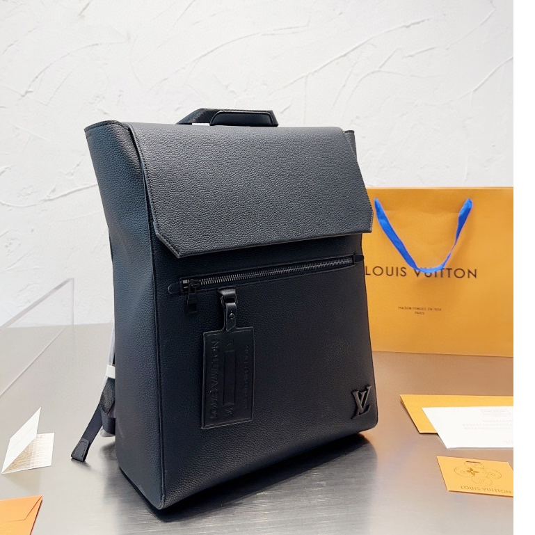 [Listo Para Enviar] Original De Alta Calidad Louis Vuitton LV Negro A  Cuadros De Cuero Impreso Casual Bolso De Los Hombres Mochila