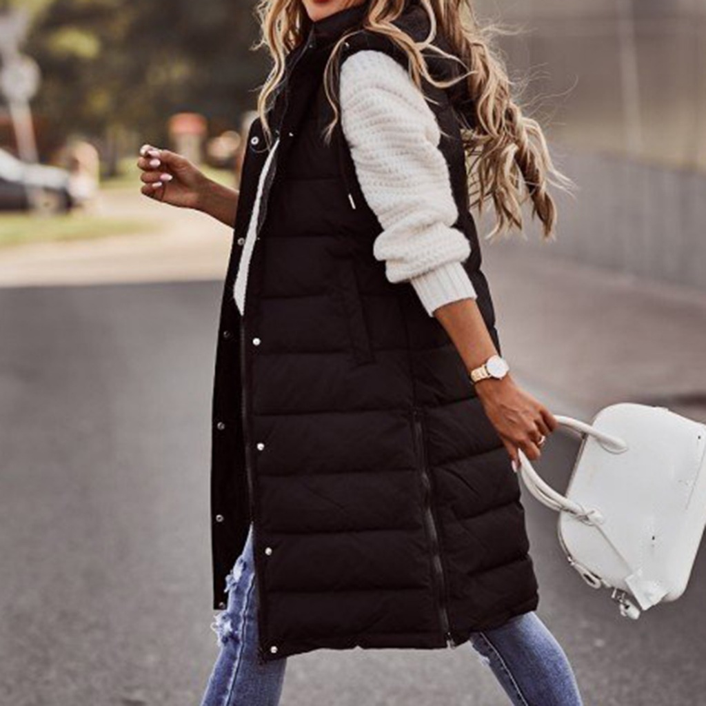 Chaleco Largo Mango Chaleco Mujer Acolchado Negro Sin Mangas