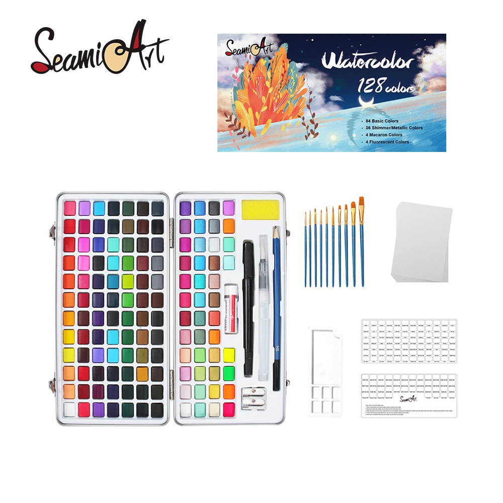 Juego de pintura de acuarela, kit de pintura de acuarelas de 48 colores,  colores de agua lavables con 10 pinceles, pincel, paleta, bloc de dibujo