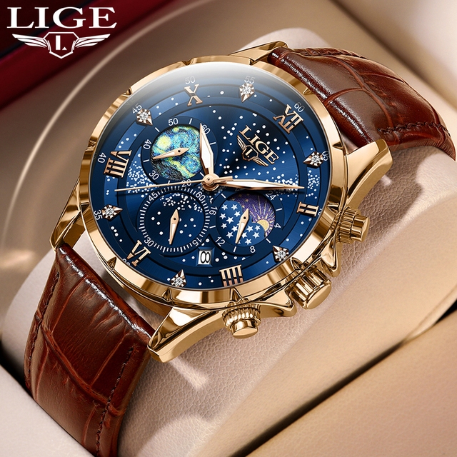LIGE Hombres Reloj Impermeable Original De La Moda Cielo