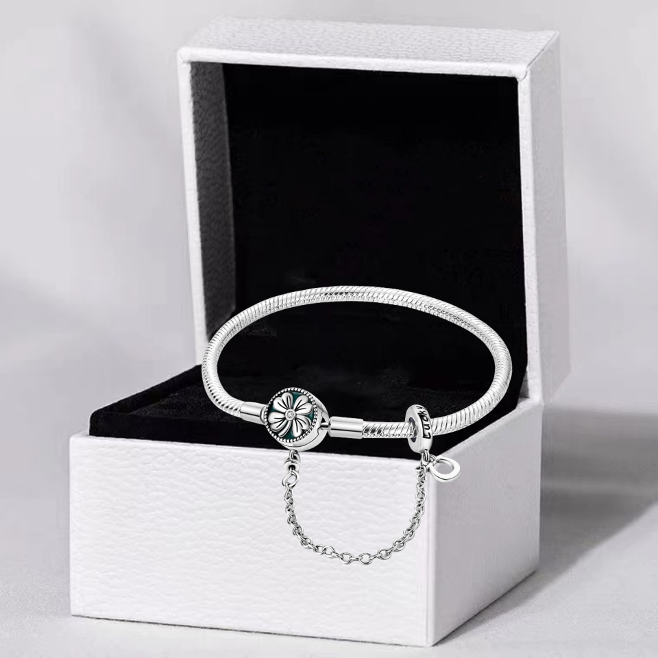 Pulsera De Cadena De Seguridad De Trébol De Cuatro Hojas S925 Plata