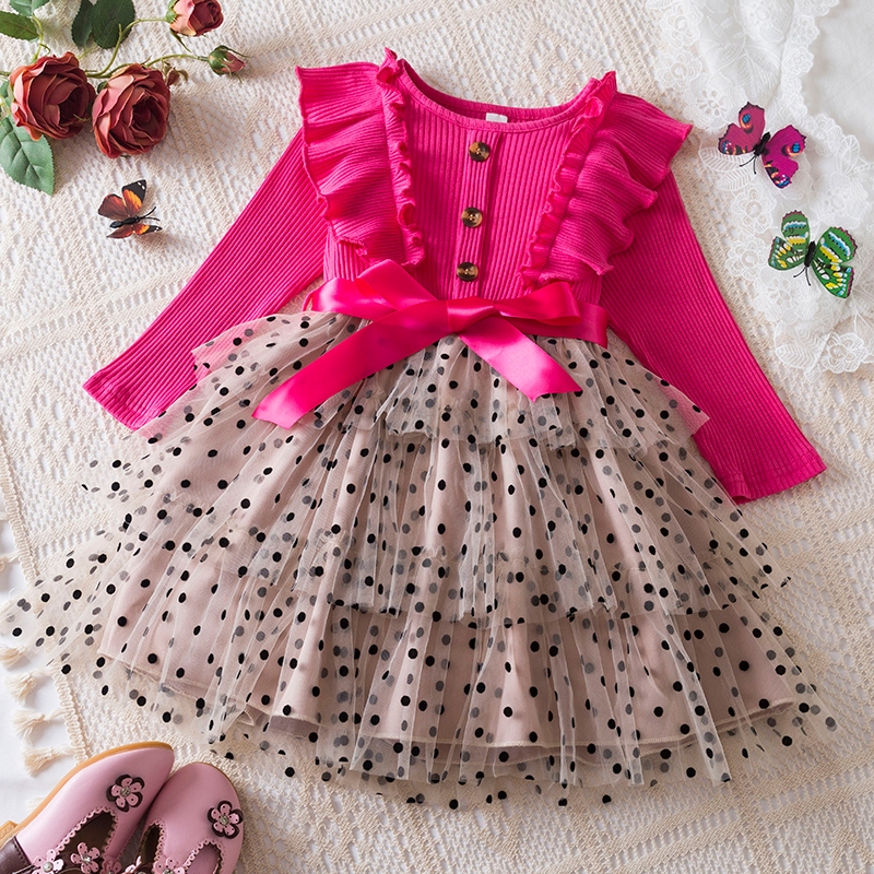Vestido Patrones Flores Volantes Cinturón Manga Larga Niña - Temu Mexico