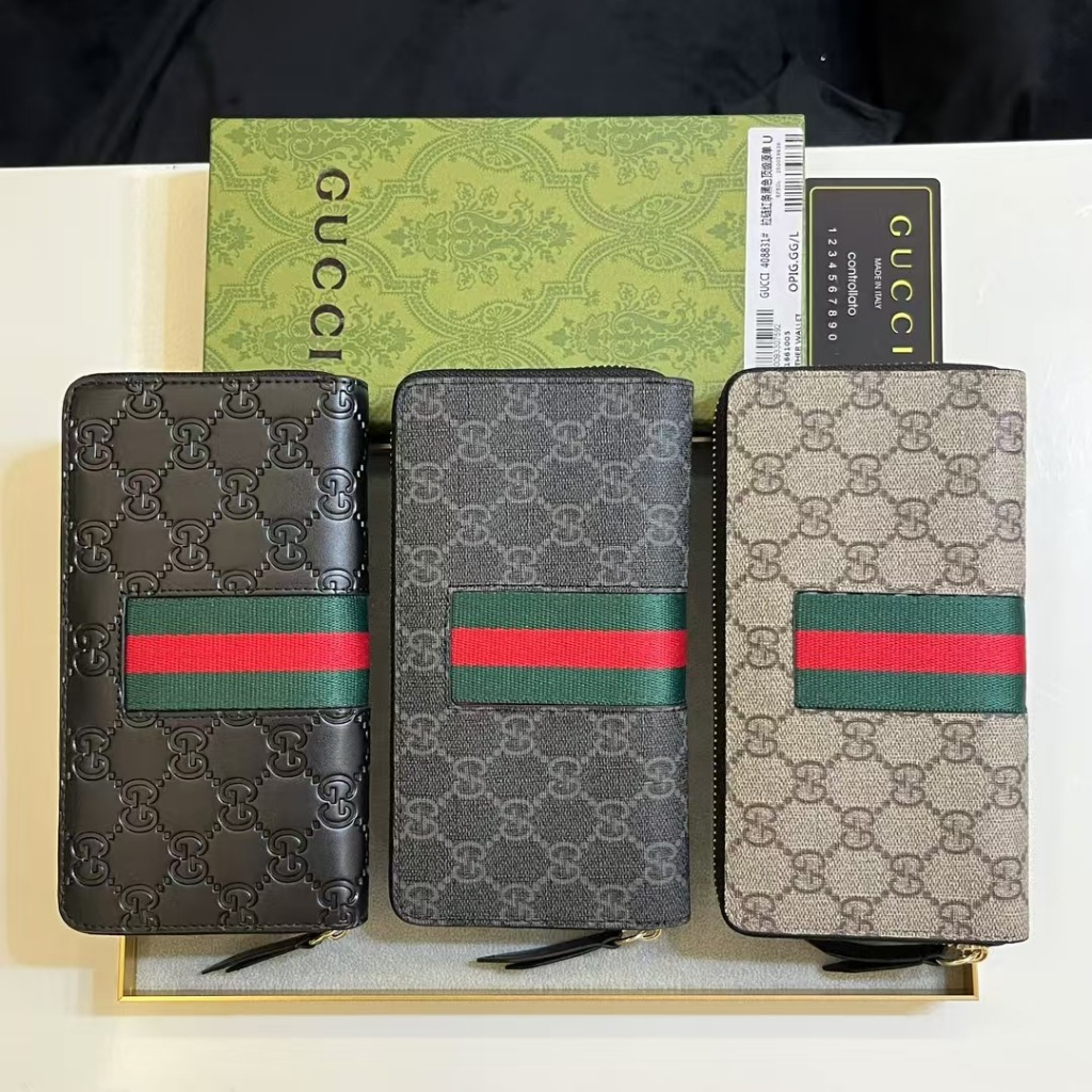 Original Autentico Con Embalaje Gucci Gucci Viejo Logotipo De La Flor De Rayas Correa Larga De Apertura De Cremallera De Cierre De Lona Y Cuero