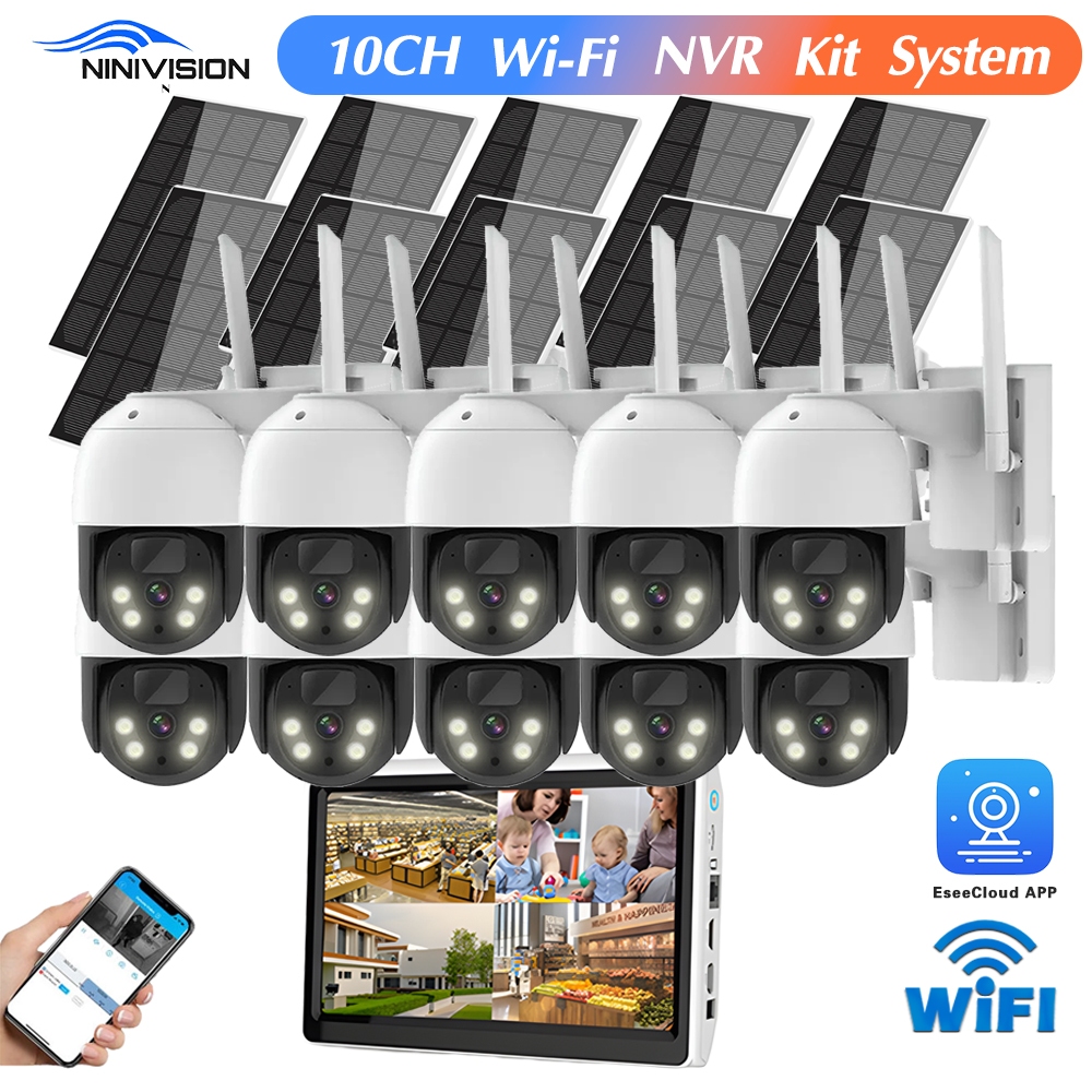 10CH NVR 10'1 Monitor LCD 5MP WiFi Solar PTZ Cámara De Seguridad 2 ...