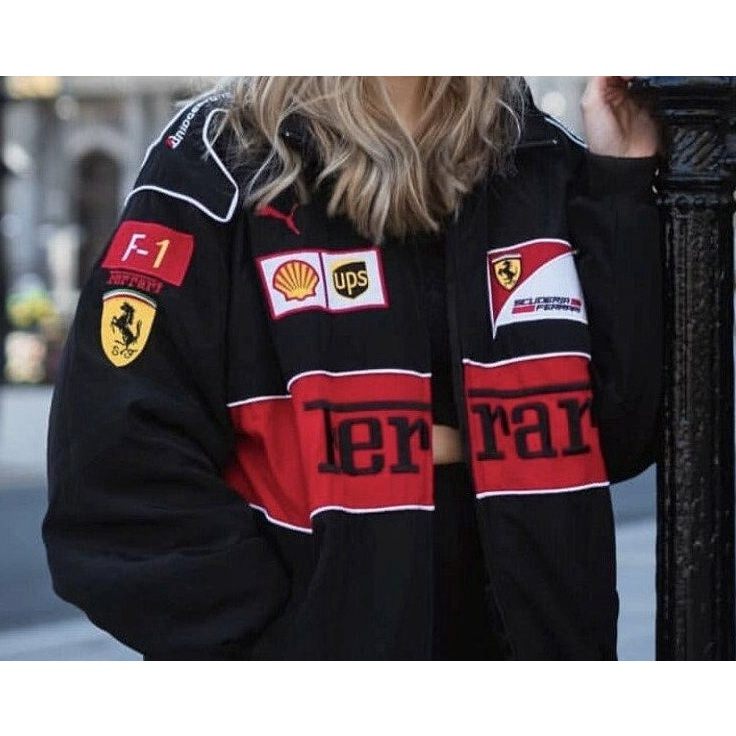 Chamarra De Carreras F1 Manga Larga Retro Motocicleta Ferrari Team Otono Invierno Ropa Negro Bordado Algodon Shopee Mexico