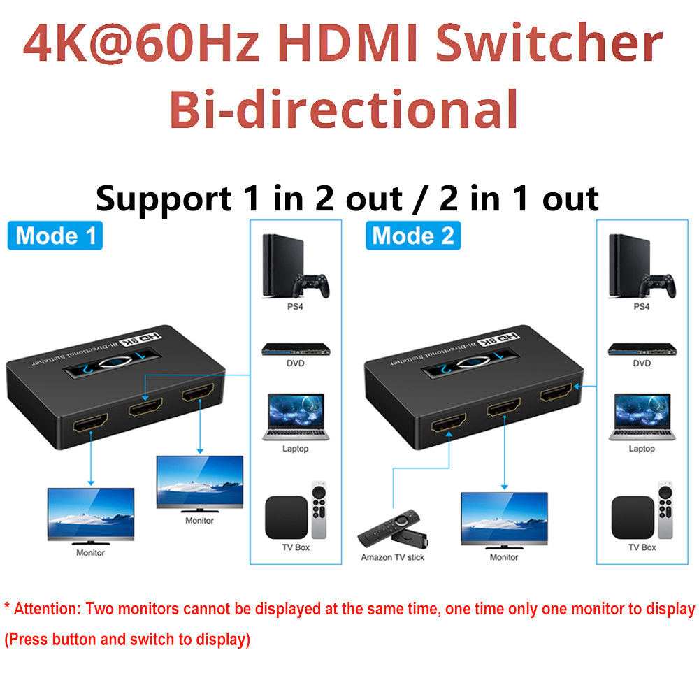 Divisor de interruptor HDMI 8K @ 60Hz bidireccional, 2 en 1 salida o 1  entrada 2 salida HDMI 2.1 divisor de interruptor, interruptor de botón con