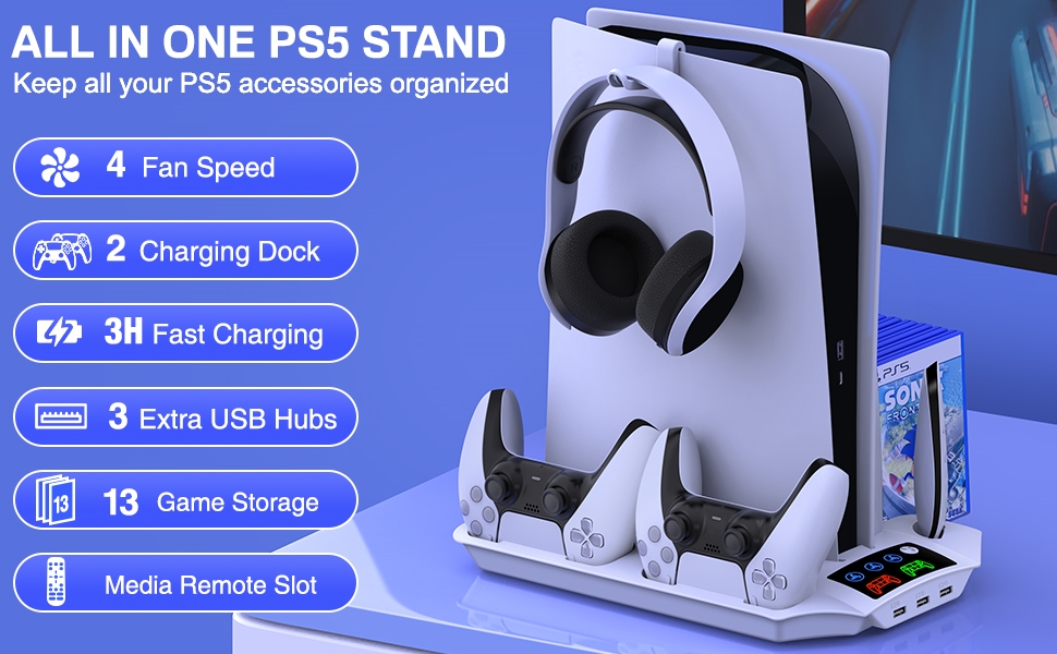 Soporte para PS5 con 2 ventiladores de refrigeración, estación de carga  doble y rápida para el mando PS5 con 3 puertos USB adicionales, estación de  refrigeración PS5, accesorios PS5, soporte vertical para