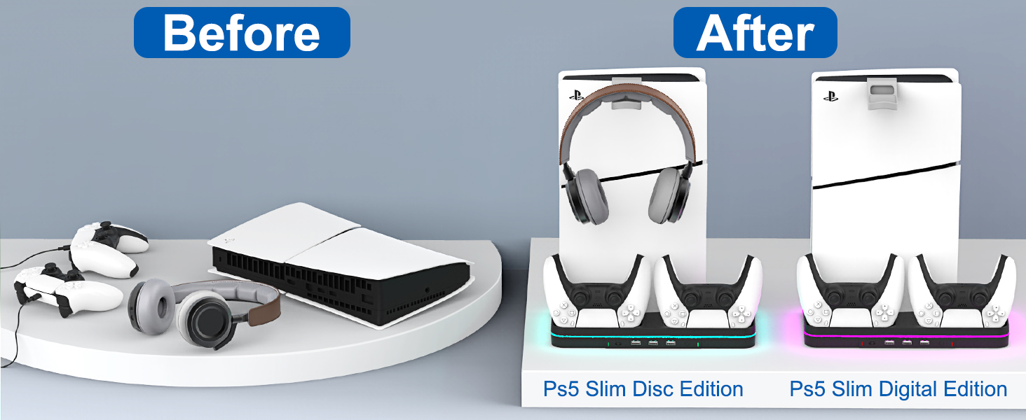 Soporte delgado para PS5 con estación de enfriamiento y estación de carga  para controlador PS5 Slim Console Disc/Digital, para accesorios PS5