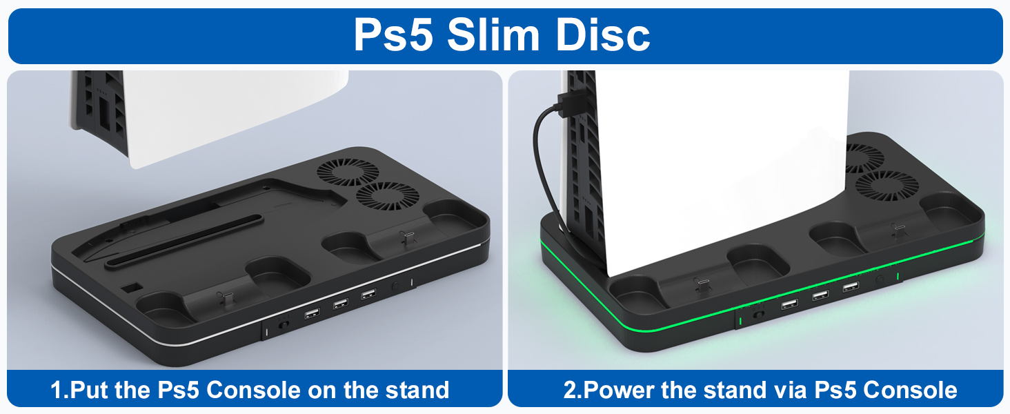 Soporte delgado para PS5 con estación de enfriamiento y  estación de carga para controlador PS5 Slim Console Disc/Digital, para accesorios  PS5, ventilador de refrigeración, luz RGB, soporte para : Videojuegos