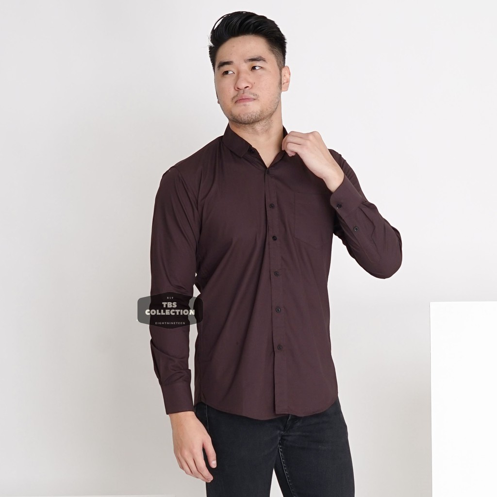 KEMEJA Camisa De Los Hombres De Manga Larga Marr n Oscuro Plain