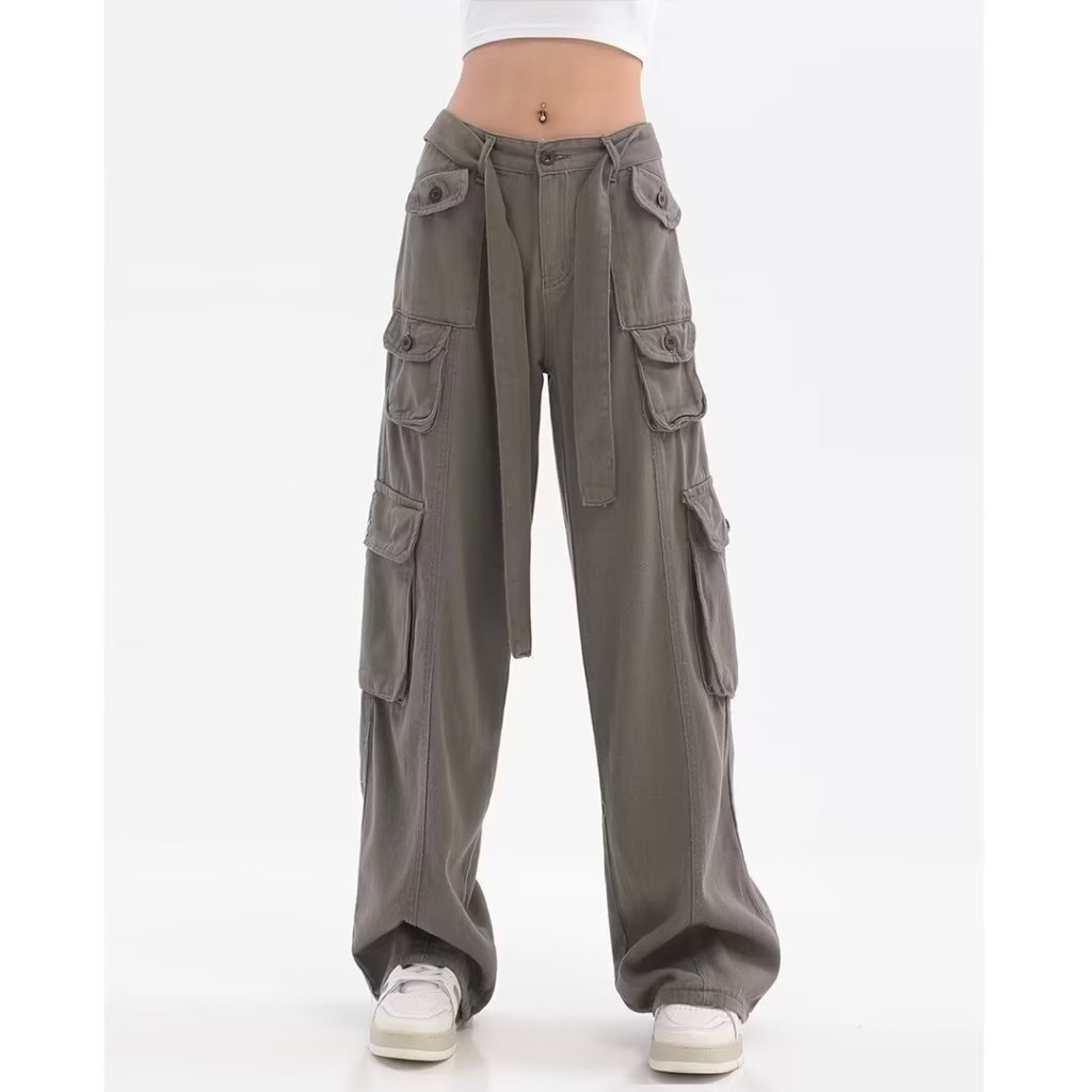 Pantalones cargo para mujer, color sólido, ajuste delgado, cintura alta,  correa de múltiples bolsillos, elásticos, con cremallera grande, pantalones