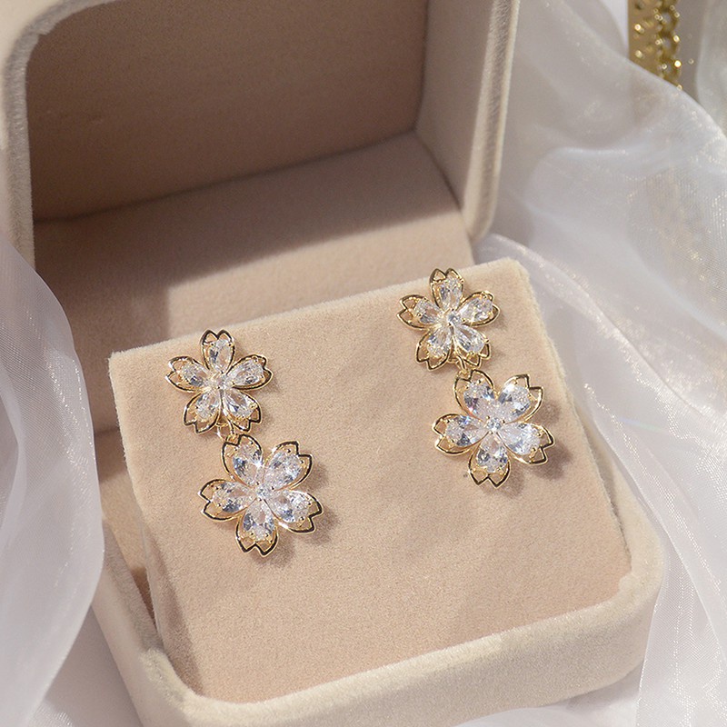 aretes románticos de oro real de 14k super shine/pendientes de flores  dobles para mujer bling aaa zirconia cz/pendientes de joyería de boda