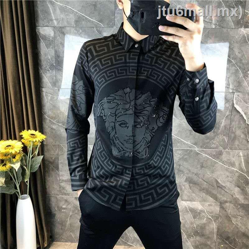 Versace Europa Hombres Negro Camisa De Manga Larga Versi n Coreana De La Tendencia Nuevo Oto o Guapo Impresi n De Gama Alta