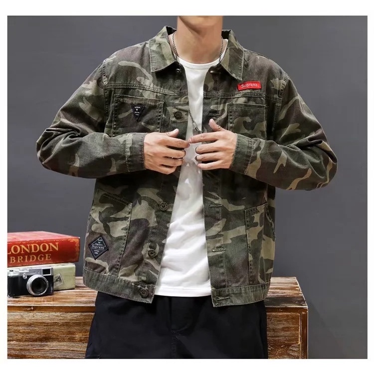 Hombres Primavera Y Otoño Ins Denim Chamarra Versión Coreana Casual  Camuflaje Herramientas Solapa Delgada