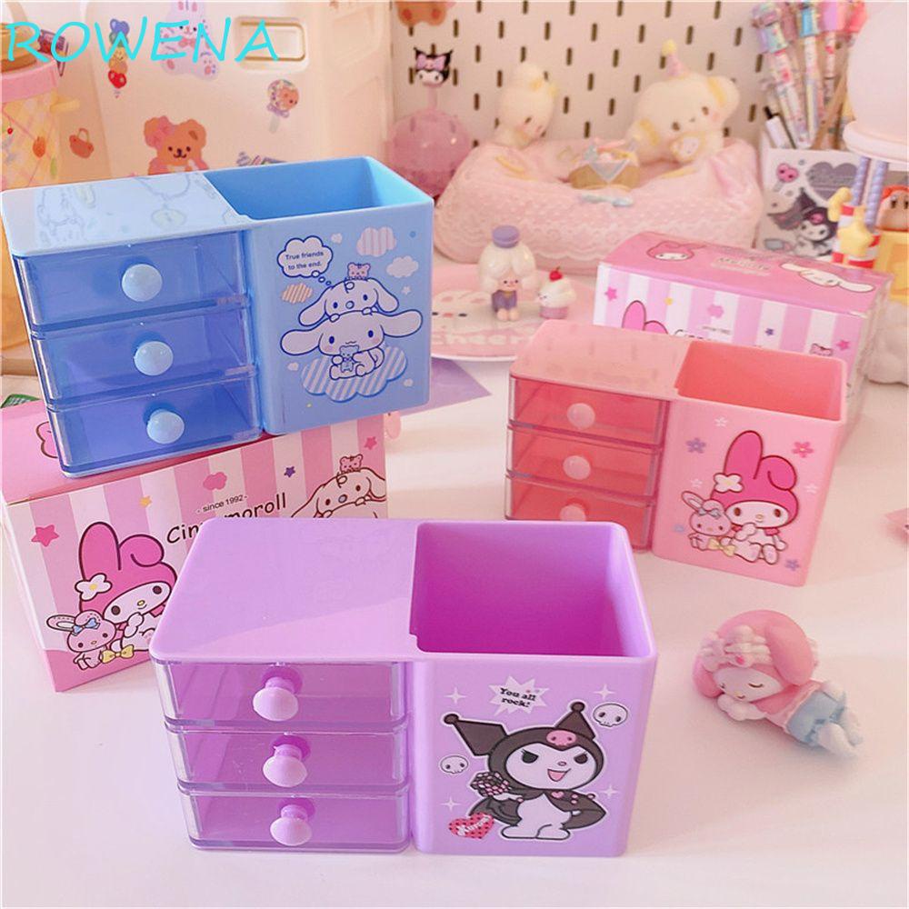 Lindo organizador de cajones, organizador de maquillaje Kawaii Hello Kitty  con lazo rosa, mini organizador de escritorio de 3 cajones, caja de