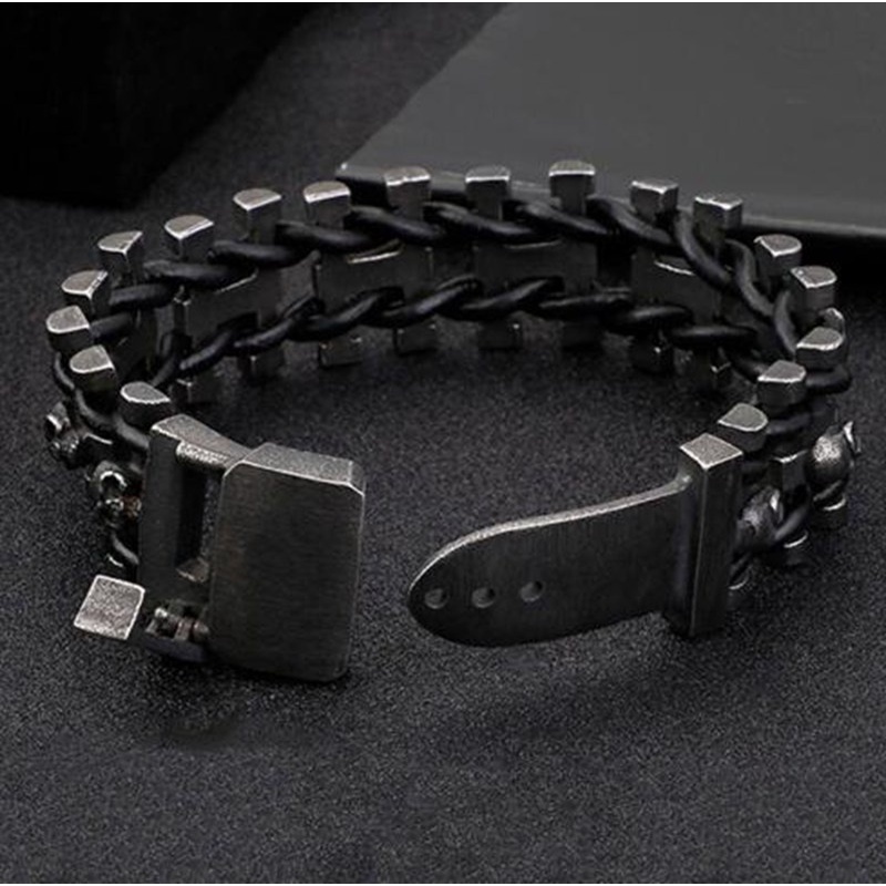 Pulsera de cuero hombre placa de acero negra calavera biker para grabar 19cm