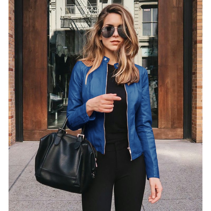 Chamarra de fashion piel azul para mujer