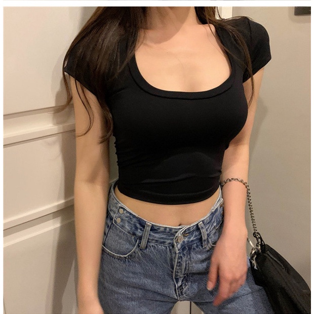 2022 Verano De Las Mujeres Camiseta crop top slim U Cuello Corto sexy Camisetas