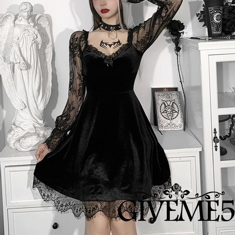 GIVEME-Velour Gótico Estética Vintage Vestidos De Encaje Para Mujer Patchwork Grunge Vestido Negro Manga Larga Una De Otoño De Fiesta | Shopee México