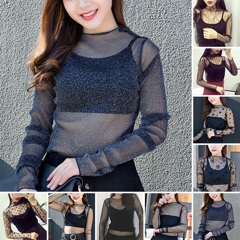 Nueva Camiseta Jersey Negro Malla Gasa Encaje Blusas Estrella Mujeres Transparente Tops