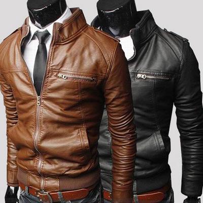 Chaqueta De Cuero Para Hombre De Moda Slim Fit Cuello De Pie De La Pu  Abrigos Masculino Anti-Viento Motocicleta Solapa Diagonal Cremallera  Chaquetas