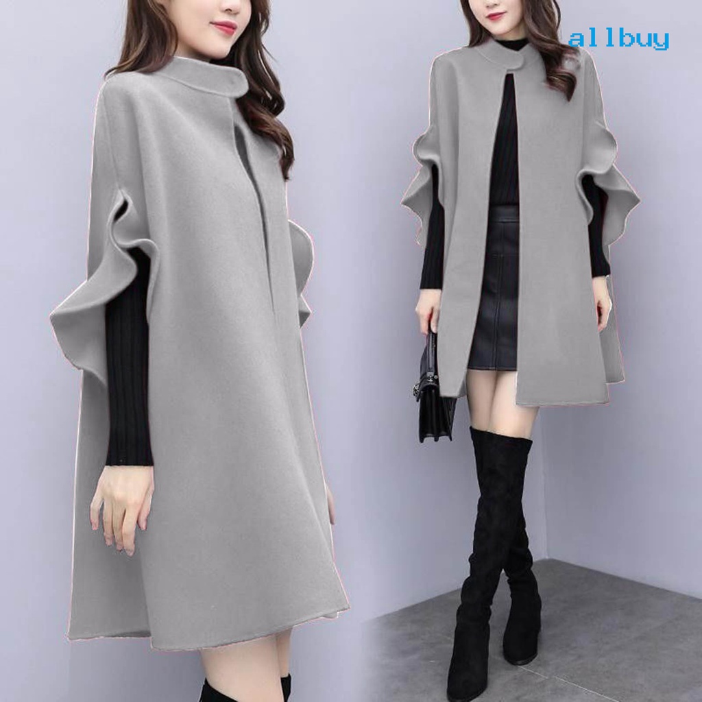 Allbuy Abrigo De Invierno Para Mujer Color Solido Volantes Formal Elegante Dobladillo Grande Midi Longitud Manga Larga Cardigan Cuello De Pie Senora