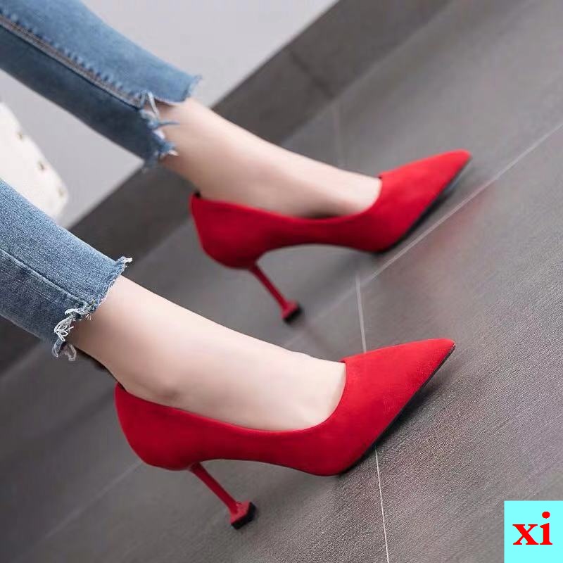 Listo Stock Rojo Zapatos De Boda De Las Mujeres Tac n De Aguja Nuevo Estilo Puntiagudo Dedo Del Pie Negro Tacones Altos Medio Solo Poco Profundos Mou