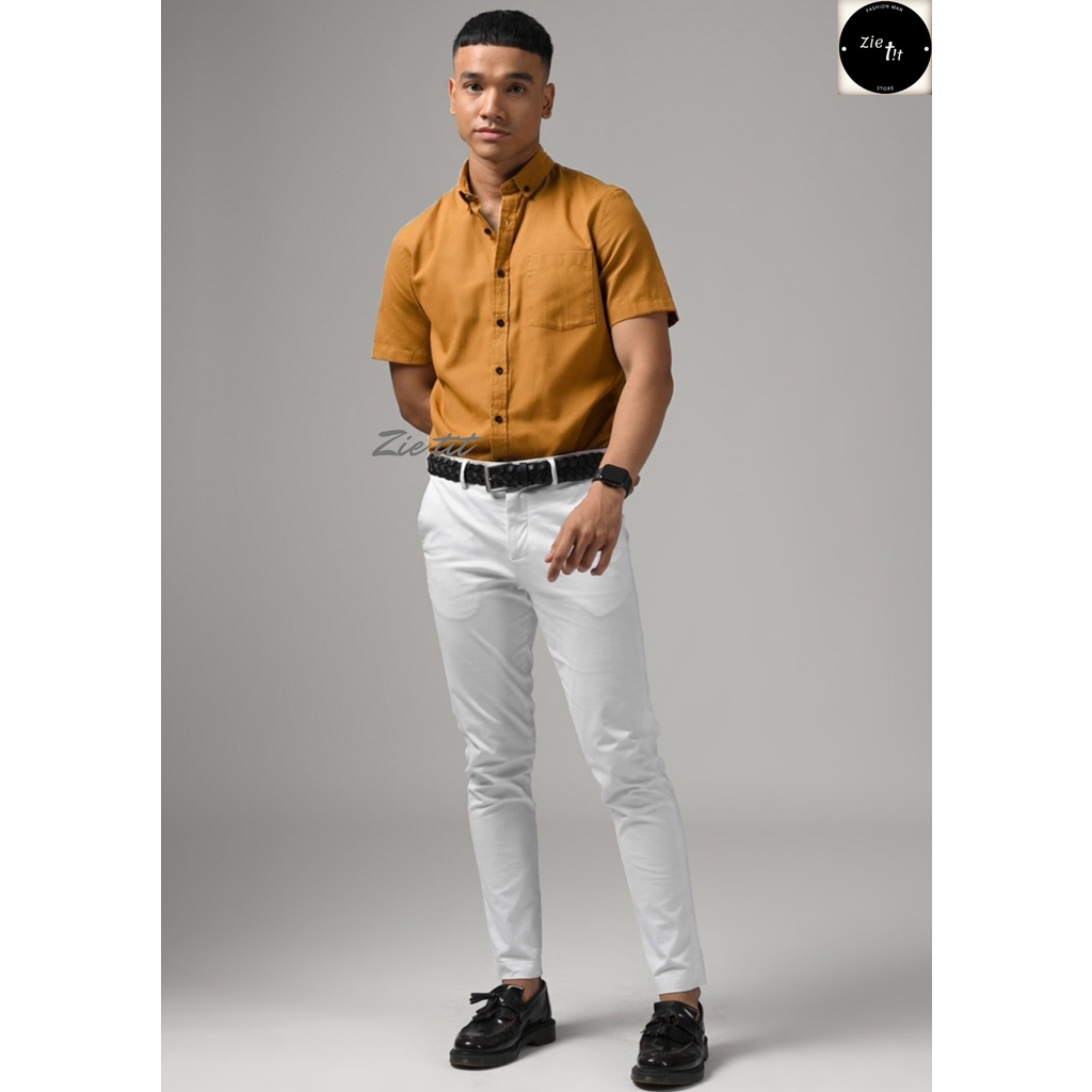 KEMEJA Mostaza Amarillo Camisa Lisa Hombres Manga Corta Oficina