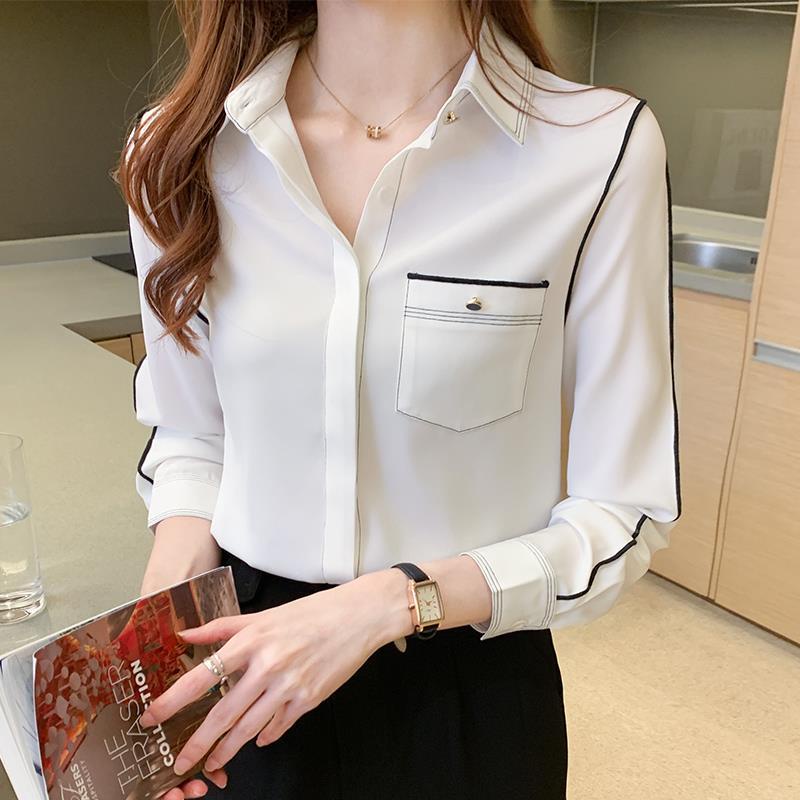 Camisa De Gasa Blanca Para Mujer Solapa De Manga Larga Camiseta De Trabajo Profesional Shopee Mexico