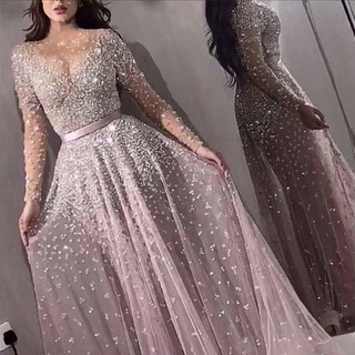 Vestido De Dama De Honor De Manga Larga De Malla, Elegante Vestido De Línea  A Con Cuello En V Para Fiesta De Bodas, Ropa De Mujer