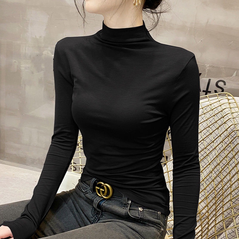 Camiseta negra de manga larga de Modal para Mujer, ropa de cuello