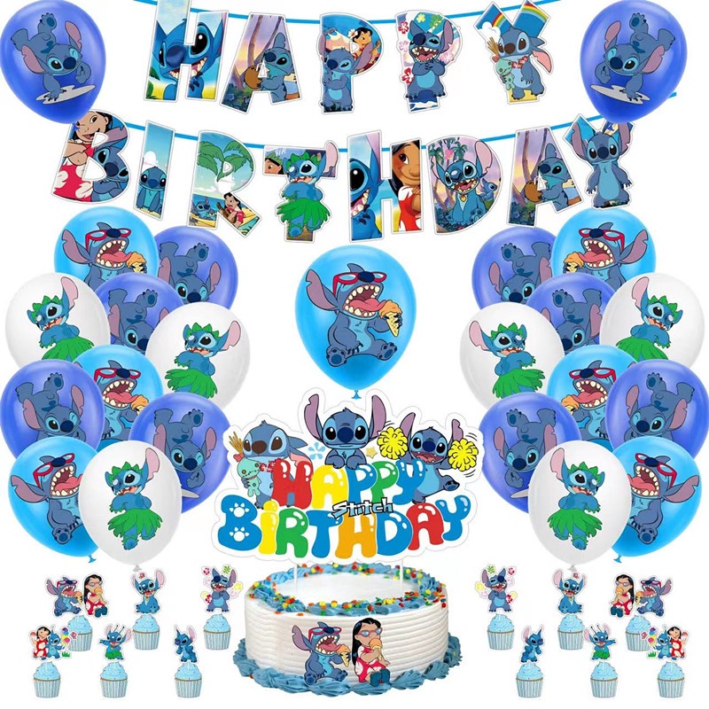 48pcs DSN Disney Lilo & Stitch Globos De Látex + Cake Toppers + Feliz  Cumpleaños Bandera Decoración De La Fiesta