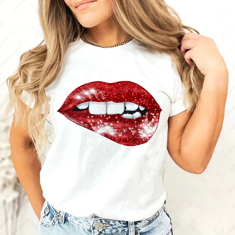 Camiseta De Mujer Con Estampado De Labios Rojos Ropa De Verano