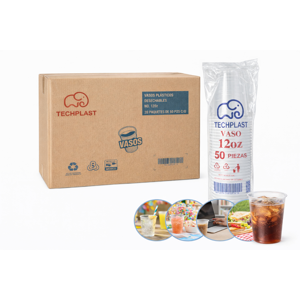 Caja 1000 Vasos Plásticos Desechables TECHPLAST 12 oz Paquete de 50 ...